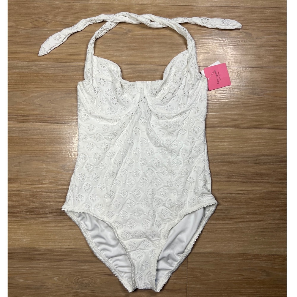 Kate Spade Womens One Piece Swimsuit Floral Eyelet Underwire White M
